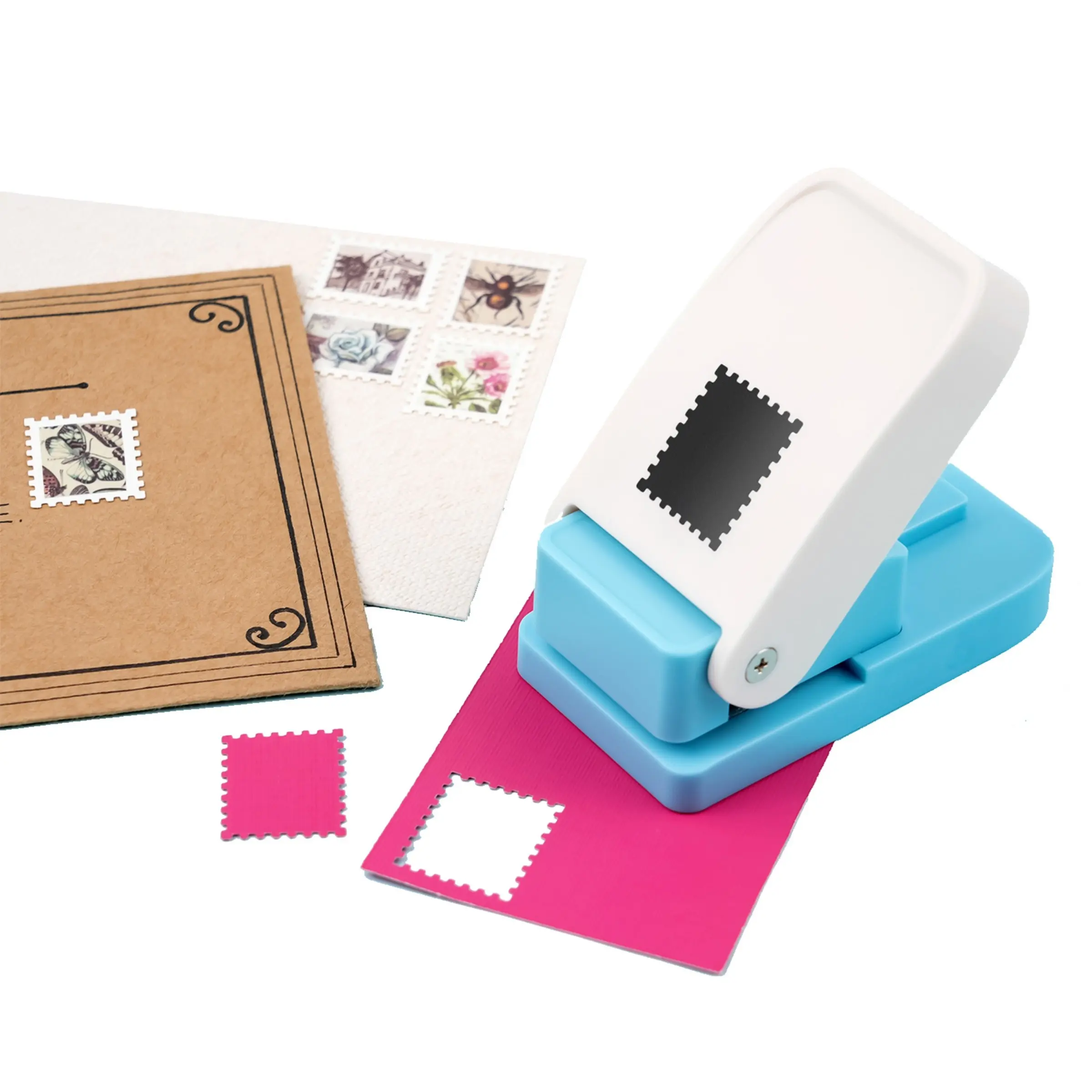 Rectangular Postage Stamp Shape Puncher, 1x0.8 Inch Hole Punch Tool, Smooth Hole Puncher, Ideal for Paper Crafting & Office Use, Durable Design,Lever Action Craft Punch for Paper Crafting Scrapbooking