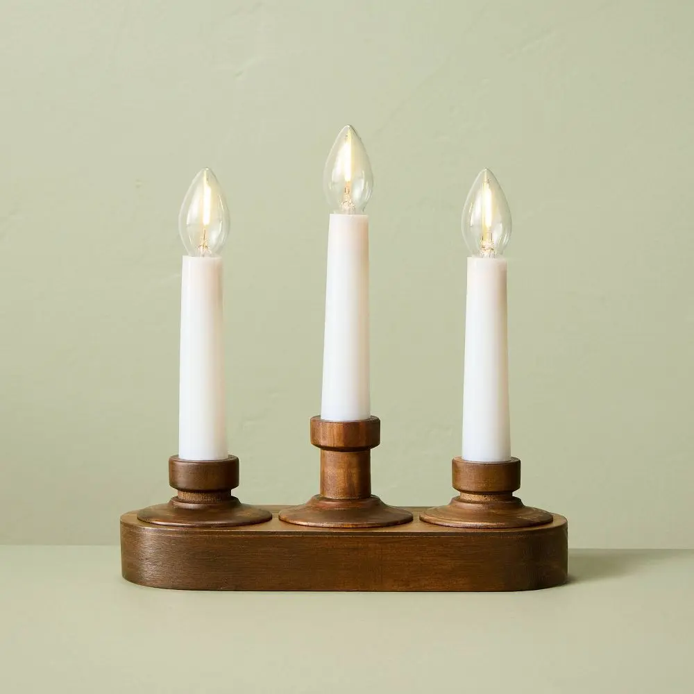 7.95 in Wood Christmas Window Flameless Candelabra Light Set - Hearth & Hand with Magnolia, 6 Hours On/18 Hours Off Home Decor
