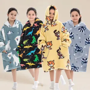 Adorable Print Cat Dog Design, Hooded Pajamas, Easy Wear Heart Pocket, Unisex All Sizes, Cozy Winter Sleepwear, Cozy Hooded Blanket, Hoodie Blanket, Cartoon Pattern Blanket