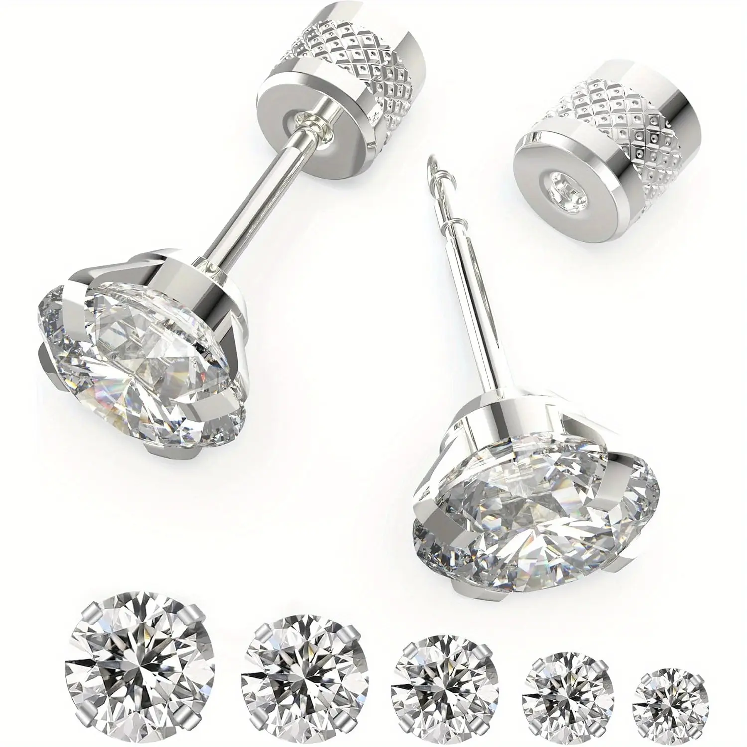 Stud Earring Set for Women Men, 5 Pairs Hypoallergenic Surgical Stainless Steel Artificial Zirconia Push-In Flat Backs, 4-8mm for Cartilage & Lobe Piercings, Artificial Zirconia Earrings