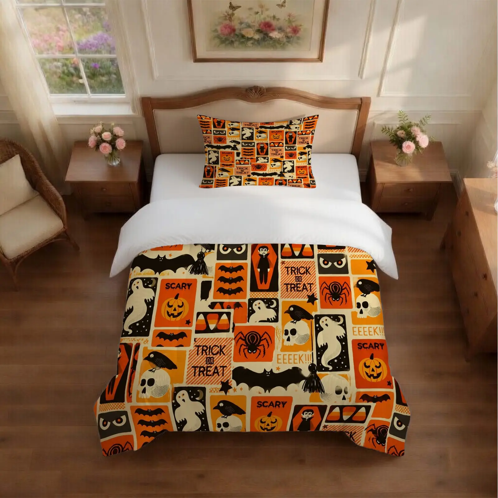 2/3-Piece Retro Halloween Comforter Set, No Pillow Insert, Vintage Spooky Grid Print Decorative Bedding Set, Soft Microfiber Bedspread for Bedroom, Ideal Holiday Decor Gift