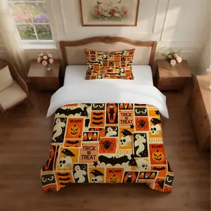`2/3-Piece Retro Halloween Comforter Set, No Pillow Insert, Vintage Spooky Grid Print Bedding, Soft Microfiber Bedspread for Bedroom, Ideal Holiday Decor Gift`