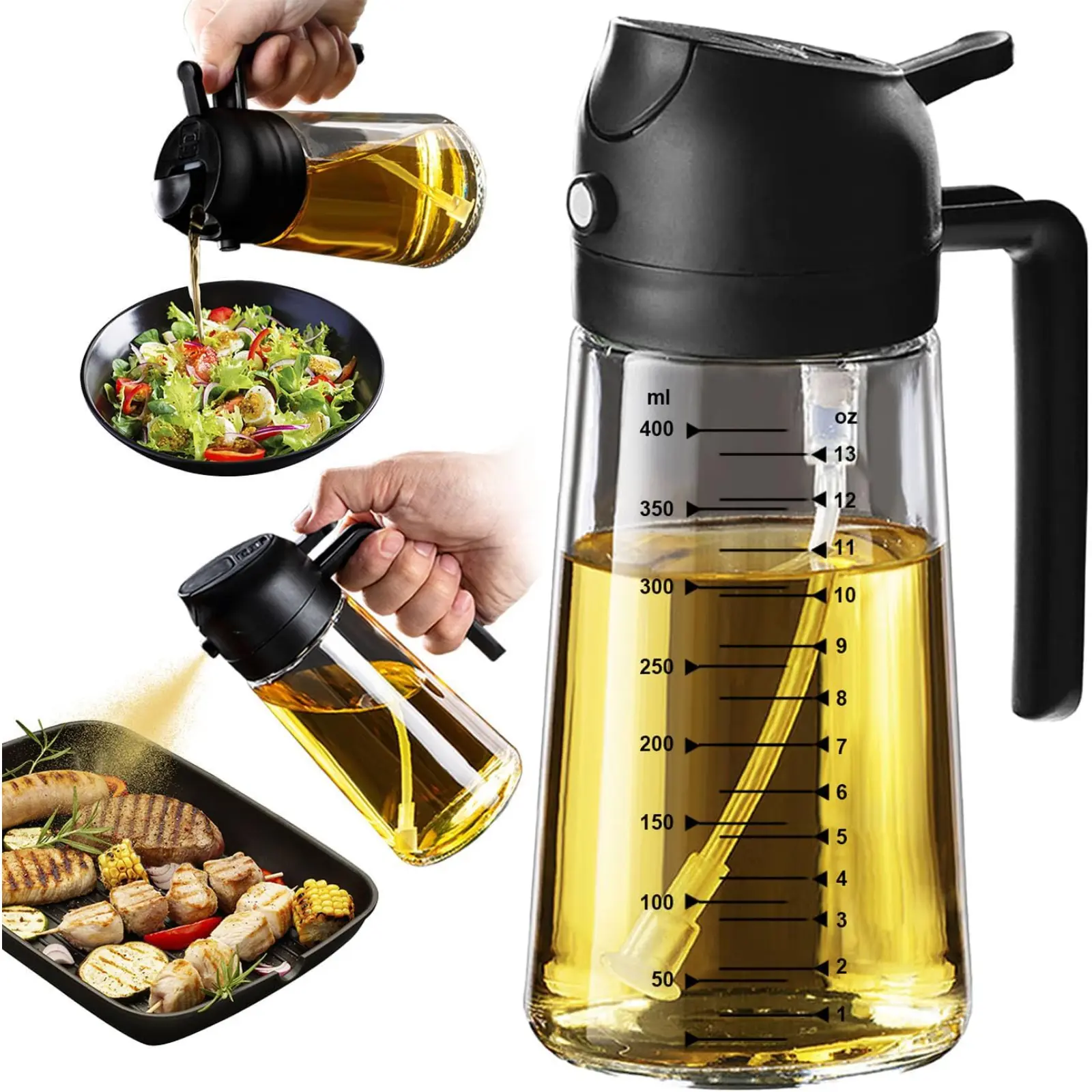 16oz/470ml Glass Olive Oil Sprayer for Cooking 2 in 1 Dispenser Bottle Kitchen Gadgets BBQ Air Fryer Accessories Heat Resistant Black