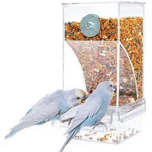 Bird Feeder Parrot No Mess Automatic Cage Feeder Dispenser Clear Seed Container for Small Medium Birds Parakeet Cockatiel Canary Lovebird Conure Cockatoo Transparent Material Easy Installation Gravity Automatic Feeding
