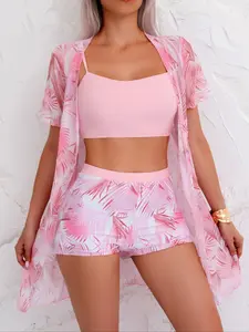 Women's Tropical Print Bikini Set, Casual Spaghetti Strap Swim Top & Swim Shorts & Open Front Cover Up Set, Ladies Swimsuit for Beach Holiday Vacation, Modest Swimming Wear, Workout Rash Guard