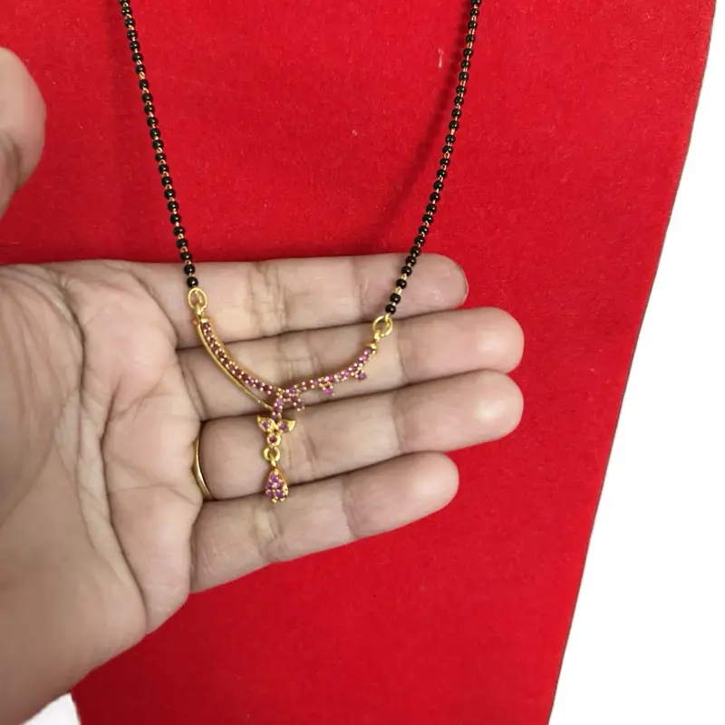 Women's Traditional Magalsutra Red Stone Necklace, Gold-Tone Pendant, Beaded Chain – Bead-Based, Culturally-Inspired, Ethnic Style Costume Jewelry, Bead-Based Necklaces, Culturally-Inspired Necklaces