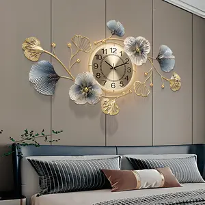 Large Wall Clock with LED Light, Ginkgo Leaf Metal Wall Decor,3D Creative Metal Ginkgo Leaf Home Decorations Clock,Wall Clocks for Living Room,Bedroom Kitchen Office