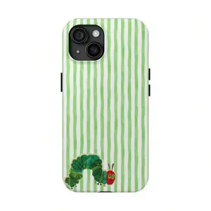 The Very Hungry Caterpillar Phone Case – Cute Storybook Cartoon Cover With Minimalist Green Striped Background, Retro Kids Book
