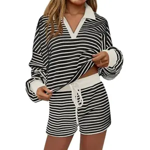 Tankaneo Womens Striped 2 Piece Outfits Casual Crew Neck Sweatshirt short Set Long Sleeve Workout Set Matching Lounge Sets