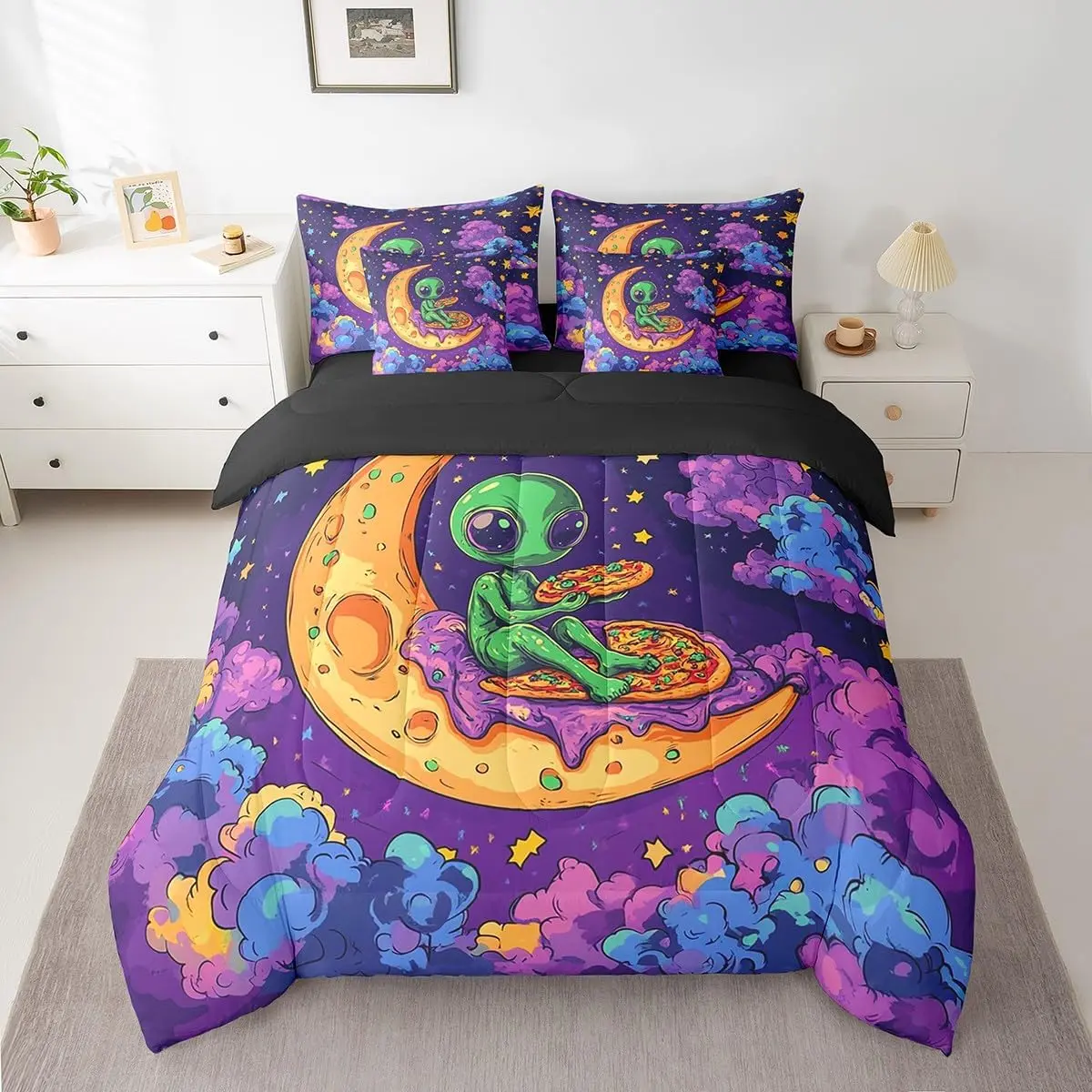Feelyou 7-Piece Printed Alien Motif Microfibre Breathable Duvet Set - Cartoon Space Theme, Comforter, Sheets, Pillowcases, Cushion Covers, Soft Blanket, King Size, Multi-Size Options, Machine Washable, Complete Quilt Bedding Set, Printed Bedding Set