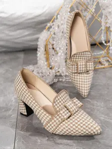 Women's High Heel Canvas Shoes, Plaid Pattern, Pointed Toe Design, Perfect for Parties & Modeling, Casual Outdoor Dance Wear, Chunky Pumps
