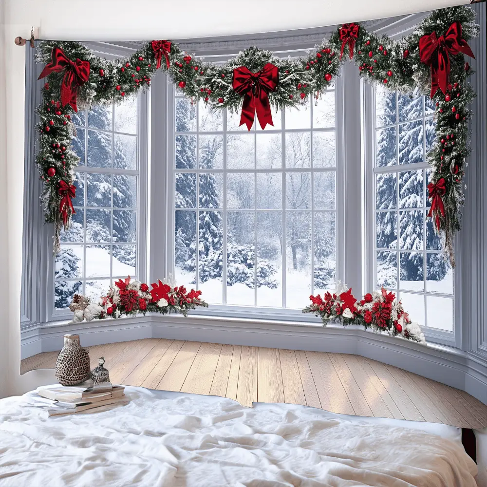 Winter Christmas Snowy Wall Hanging Tapestry - Easy-Hanging Polyester Wall Decor, Room Art, Indoors Landscape Holiday Background, Living Room Home Decoration, Holidays, Hangable