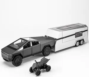 Metal Diecast Truck Toy with RV and ATV  Model Car Toy Cyber Style Truck  1/32 Pull Back Alloy Diecast Pickup Trailer Model Kit with Light and Sound, for Kids Aged 3 and Up