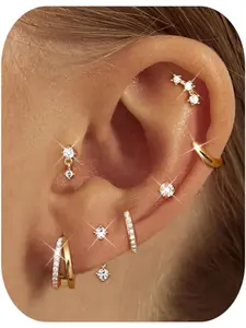 7 Pairs Small Stud Hoop Earrings for Women -Hypoallergenic 14K Gold Plated Huggie Earring Sets for Multiple Piercing Dainty Earring Stacking Set Cute Silver Cartilage Jewelry Trendy Gifts Ear Hoops