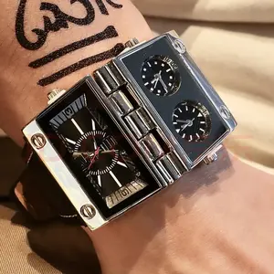 Gothic Punk Style Foldable Triple Time Zone Men's Leather Watch with Buckle Street Fashion Timepiece in Gift Box