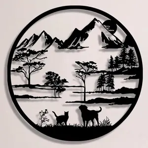 Mountain & Dog & Cat Pattern Animal Design Wall Art, 1 Count Round Metal Wall Decoration, Wall Hanging Decor for Home Living Room Bedroom Outdoor Garden, Hangable