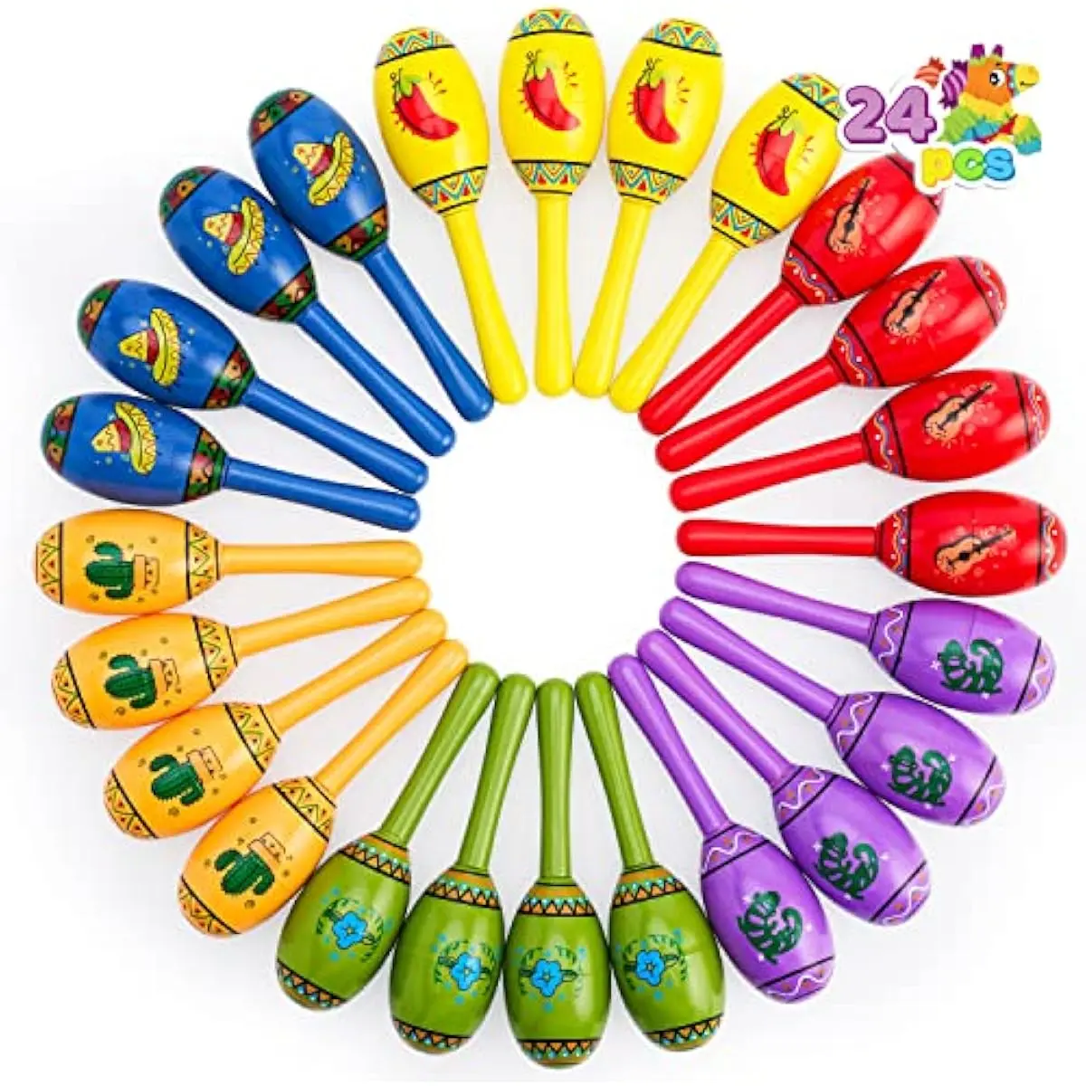24 Mini Wooden Fiesta Maracas 6 Designs Noisemaker for Mexican Fiesta, Cinco De Mayo Party Favors, Musical Fun, Birthday Parties, Luau Party, Carnivals, Taco Tuesday Event