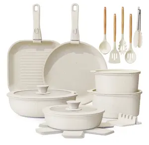 Premium 22-Piece Nonstick Cookware Set with Detachable Handles Induction Compatible Oven Safe Space-Saving Stackable Design Cream White