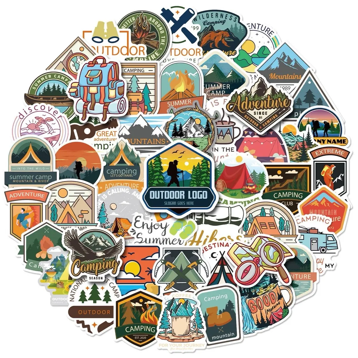 Outdoor Logo 50Pcs Waterproof Vinyl Stickers for Camping Travel & More - Versatile Design for Outdoor Adventures