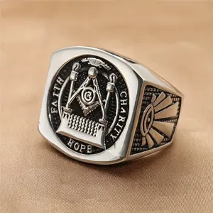 Men's Punk Retro Freemason Motif AG Stainless Steel Square Band Statement Ring with Letter Engraving, Sizes 8-13, Fashionable Costume Jewelry for Daily Gatherings