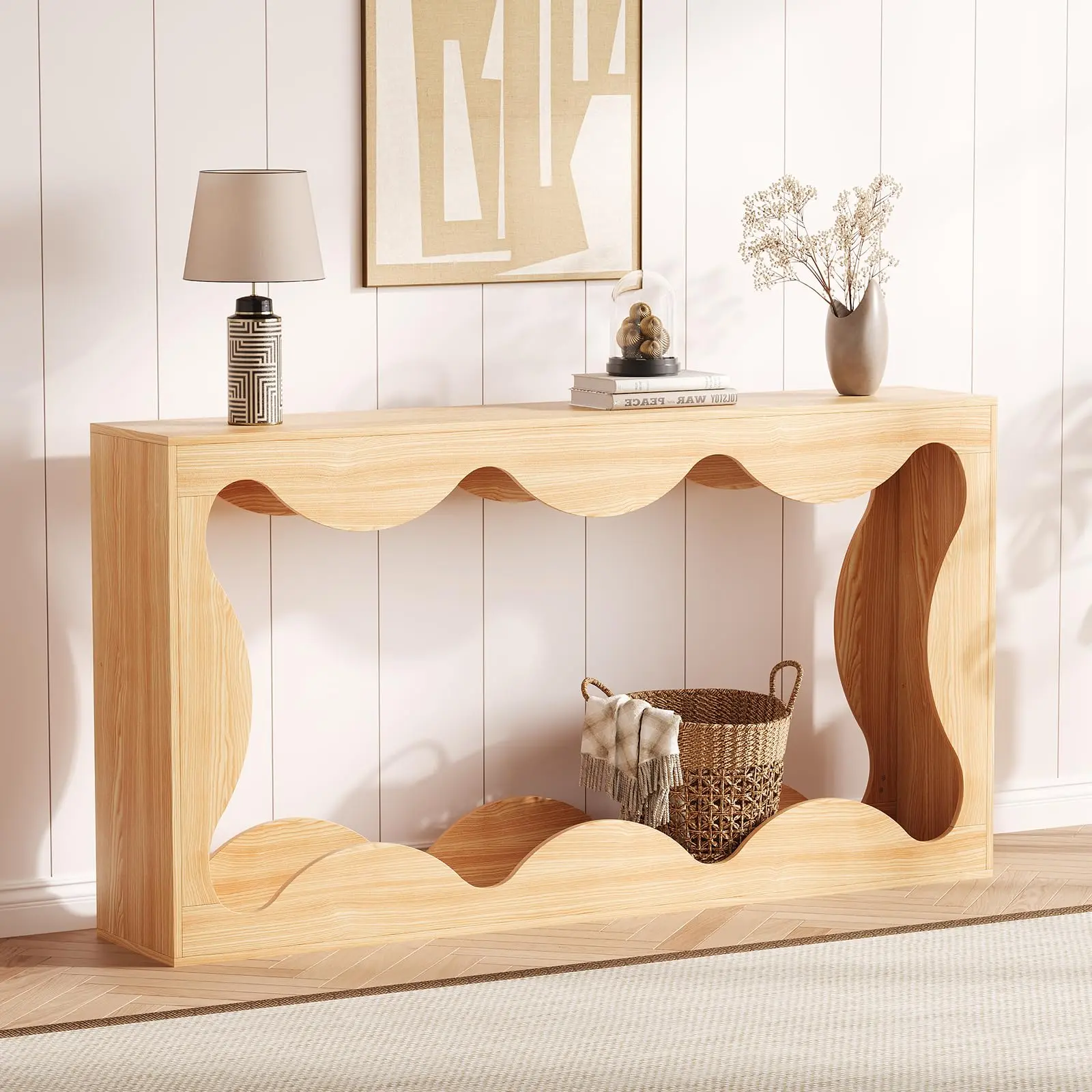 Garvee 63 Inch Farmhouse Scalloped Console Table - Narrow Wood Sofa Table with Storage for Entryway, Living Rooms, Hallways, and Apartments - Rustic Natural Wood Design