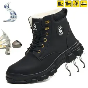 Men's Autumn/Winter High-Top Fleece Lined Warm Waterproof Windproof Thorn-Resistant Slip-Resistant Smash-Resistant Abrasion-Resistant Lightweight Construction Site Work Shoes