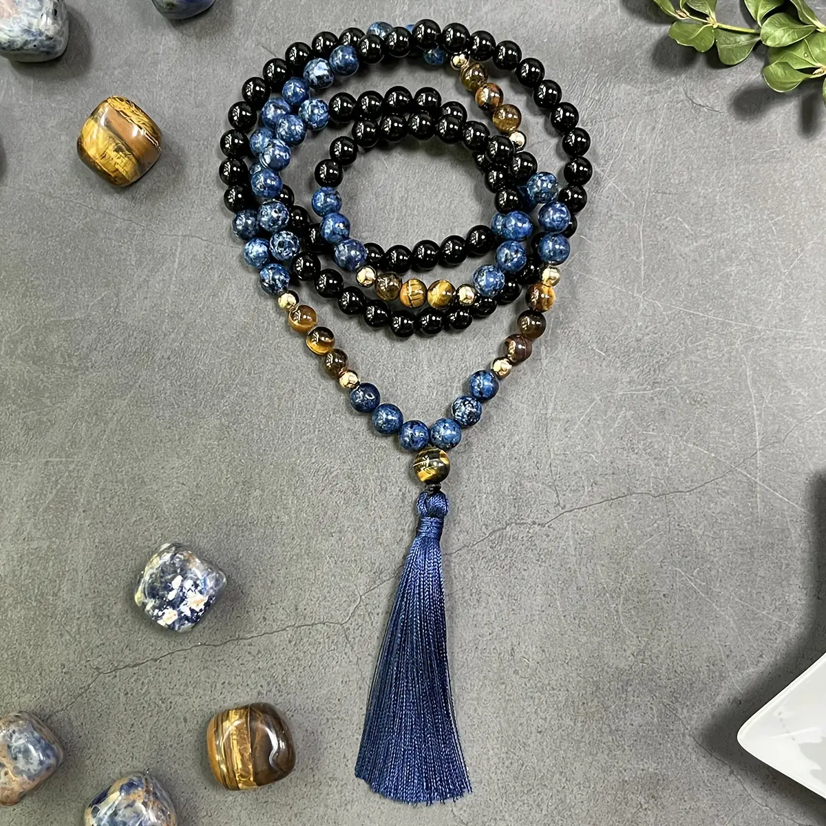 Bohemian Chic Handcrafted 108 Tiger Eye & Agate Mala Necklace - Elegant Natural Stone Beads, Fashion Accessory, Perfect Mindfulness Gift prayer Moon S