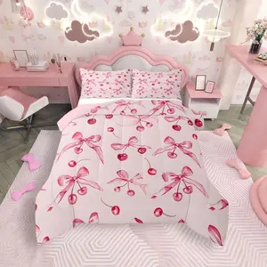 Feelyou Queen Size Kawaii Oriental Cherry Bedding Set - Microfiber Comforter, Watercolor Bow Duvet Set, Princess-Style Cute Fruit Print, Breathable Soft Lightweight Bedroom Decor