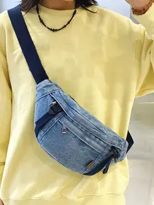 Retro fashion washed denim crossbody chest bag, simple solid color outdoor leisure adjustable waist bag chest bag dual use, fashionable and versatile multi-color optional, suitable for daily travel, shopping, etc., Casual Waist Bag
