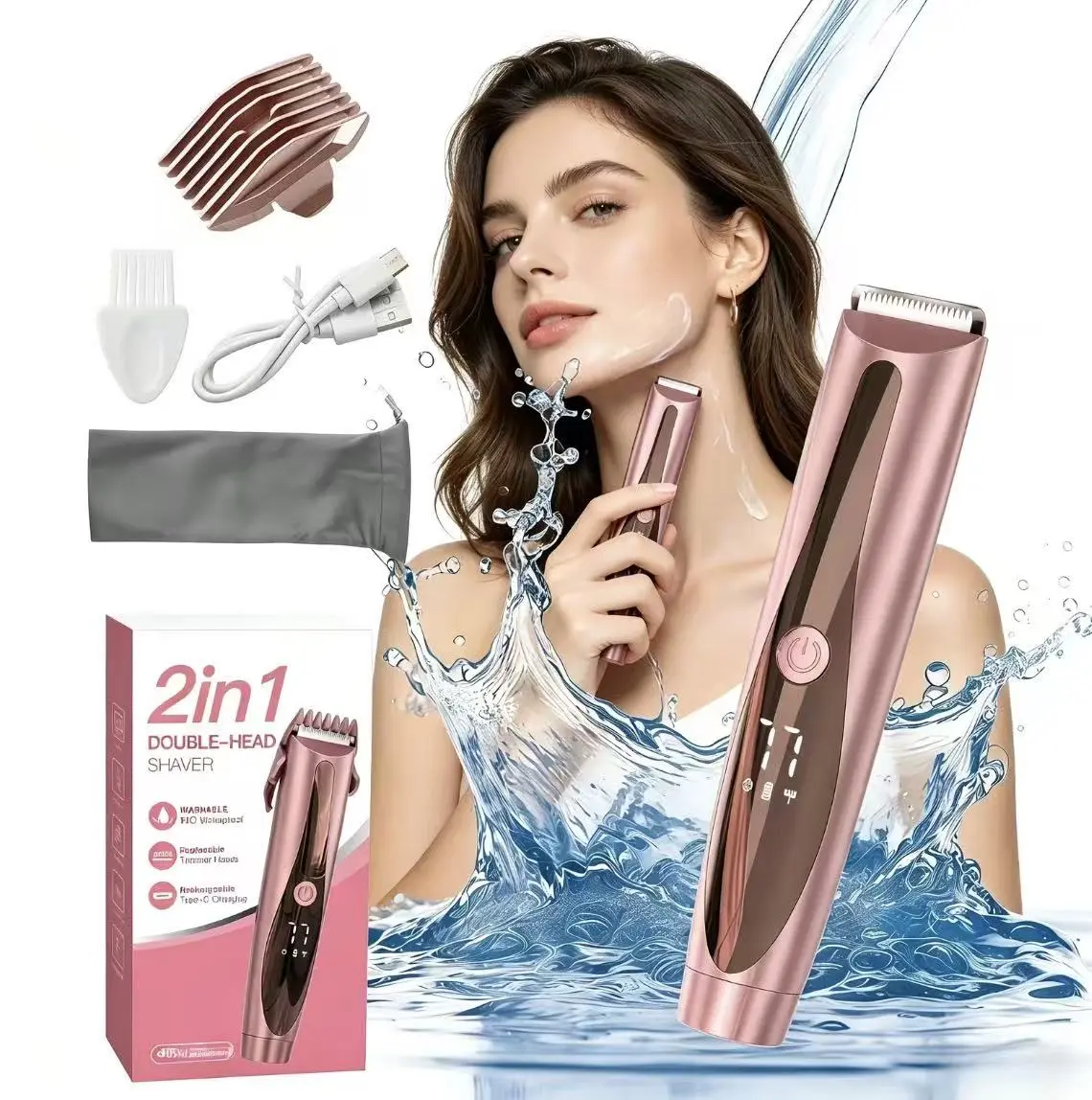 2-in-1 Electric Shaver & Bikini Trimmer for Women, Painless Hair Removal for Sensitive Skin, IPX7 Waterproof Cordless Body Groomer with Dual Head & LED Display, USB Rechargeable, Pain-Free Shave, Led Screen, Cordless Use, Hypoallergenic Blade, Pain-Free T