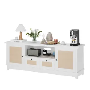 Rattan Tv Stand for Tvs up to 70'', Modern Media Console Table with 2 Cabinets and 2 Drawers, Shelves Adjustable Entertainment Center with Open Compartment for Living Room, Bedroom, White