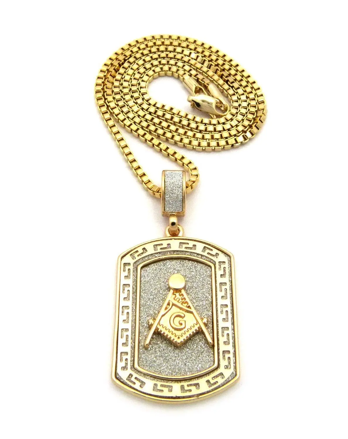 MaxBling81 Gold-Plated Masonic Pendant Necklace, Unisex Bling Dog Tag with Cubic Zirconia & 2mm Box Chain, 18-24 Inch, Bling Stylish Accessory, Gold Plated Amulet, Exquisite Jewelry Gift, Chain & Link, 18-20-24In
