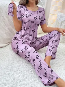 Women's Printed Pajama Set with Eye Mask, Short Sleeve Round Neck Heart Print, Comfortable Cute Home Wear Two-Piece Set, Casual Slim-Fitting, Loungewear, Nightwear, Pjs, Pyjamas, Homewear, Pants
