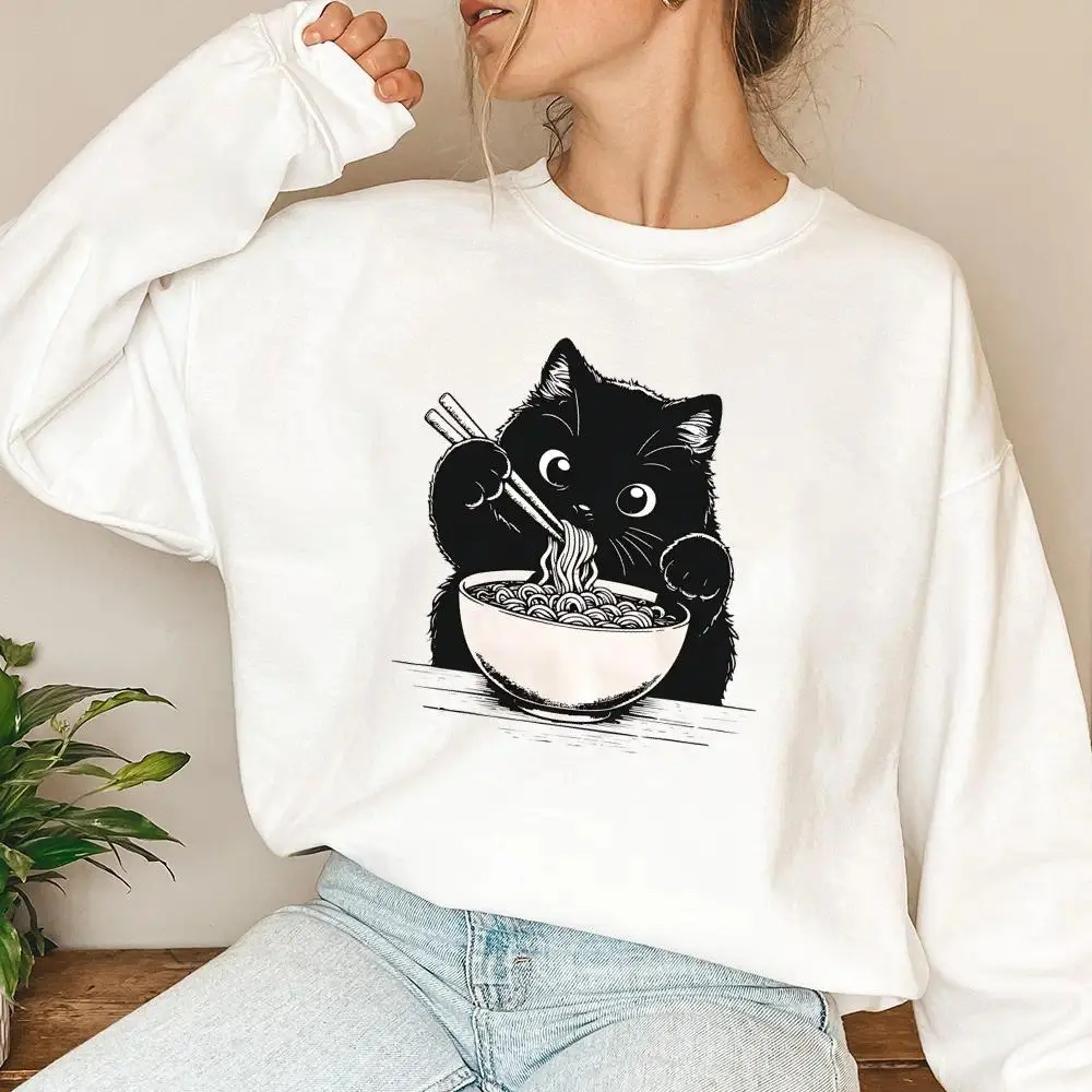 Women's Casual Graphic Fit Noodle Cat Sweatshirt - Cute Black Cat & Ramen Print Everyday T-Shirt, Ideal Gift for Foodie Enthusiasts