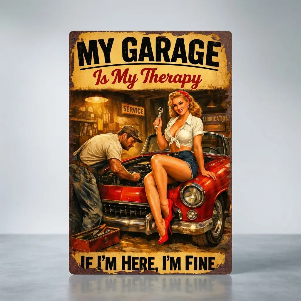 Vintage Garage Sign - "My Garage Is My Therapy" Retro Pinup Girl Wall Decor for Man Cave Home Bar Workshop, Custom Car Repairing Tin Poster, Garage Wall Decor Unique Birthday Gifts for Men Dad Him | 8x12in