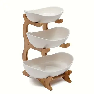 3-Tier Oval Fruit Basket with Bamboo Stand, Durable Polypropylene Kitchen Storage Rack, Modern Serving Tray, Display Riser