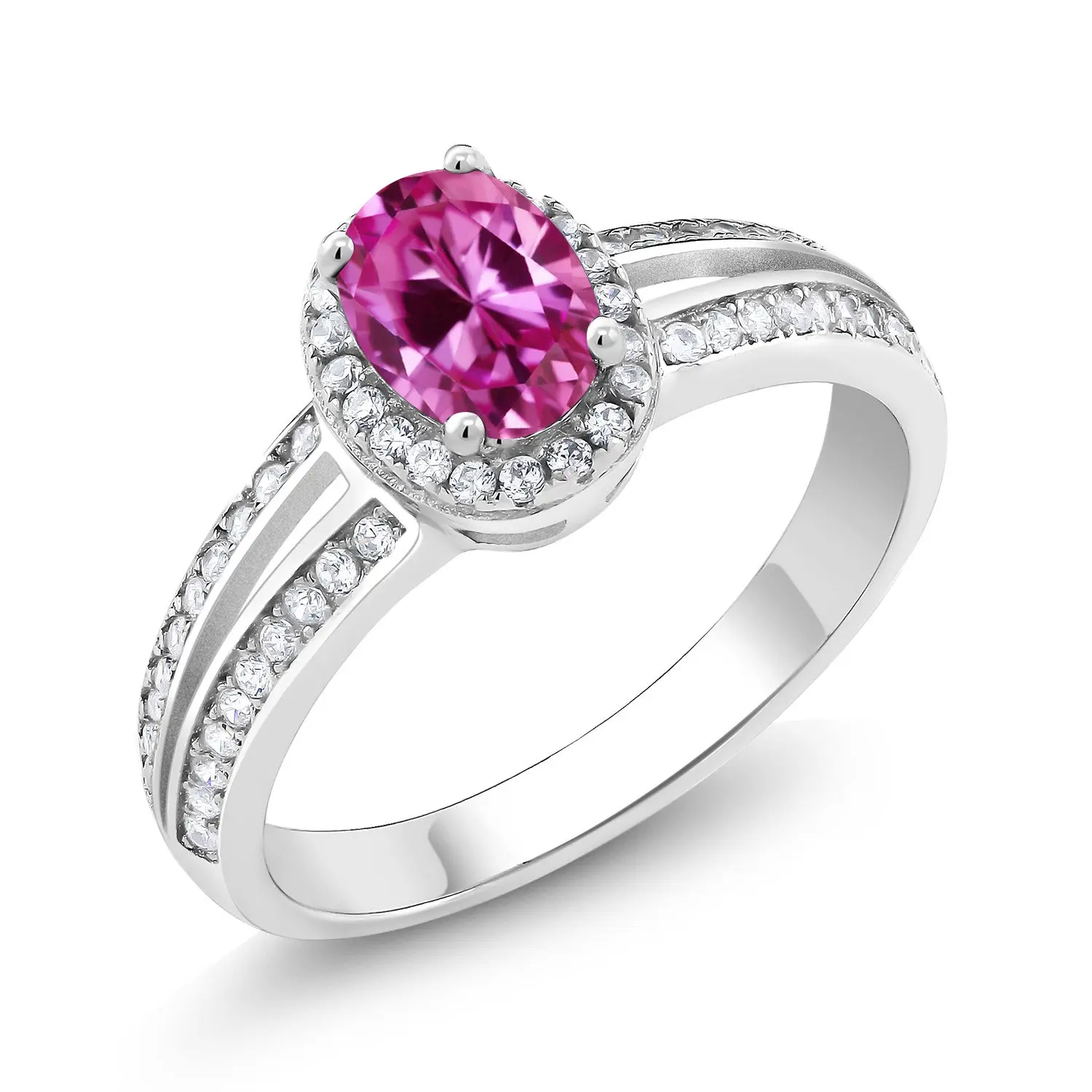 Gem Stone King 925 Sterling Silver Pink Sapphire Engagement Ring - 1.10 Ct, 7x5mm Oval Created Sapphire, US Size, Ideal for Birthday, Thinking of You Occasions, Gemstone