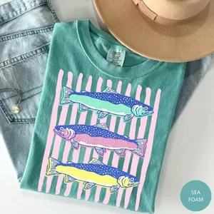 Comfort Colors Striped Trout T-Shirt, Preppy Fish Shirt, Summer Fishing Trip Tee, Whimsy Shirt, Trendy Girly Tee, Fish Stripes T-Shirt, Lake Days Shirt, Trout Fish Tee Gift for Her, Cotton Fabric