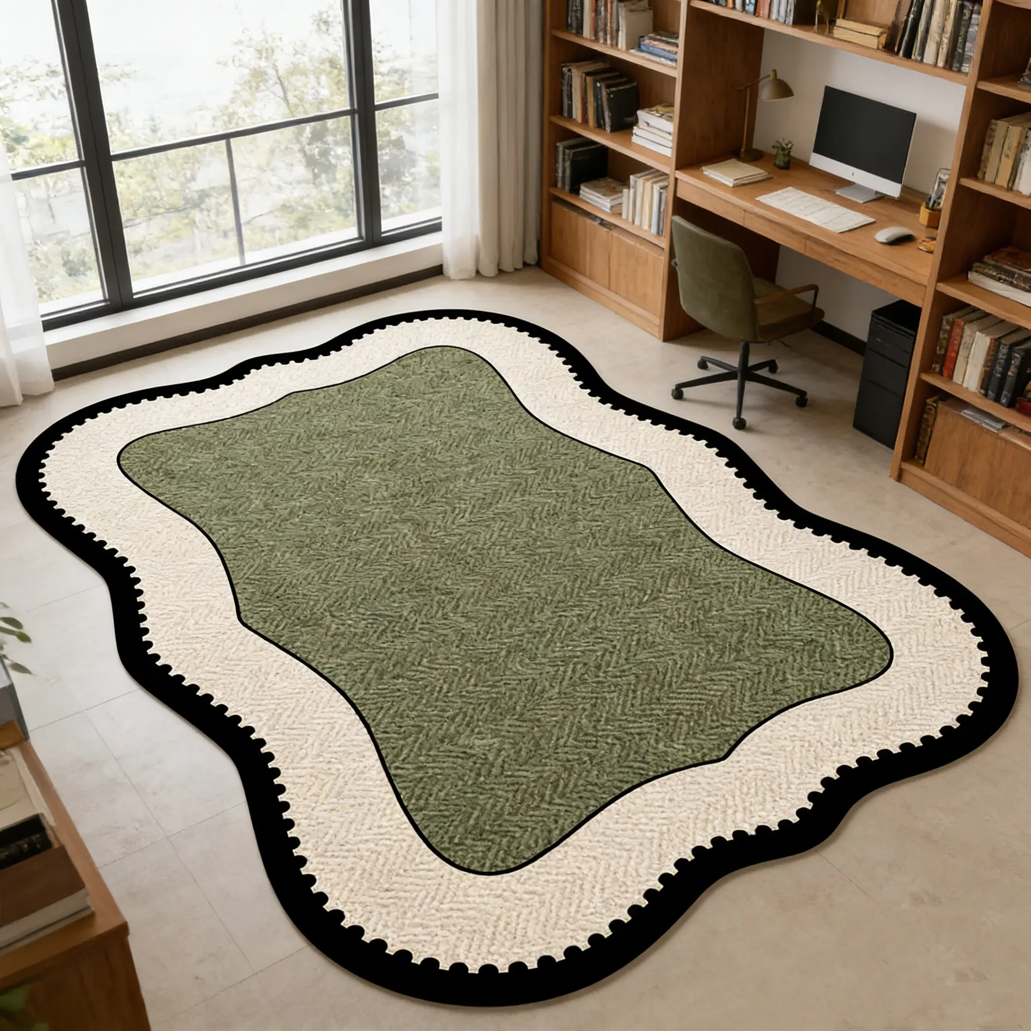 Wave edge green tone irregular carpet, Polyester Rug, Polyester Fiber Rug, green contrasting color plush floor mat, entrance hallway anti slip and wear-resistant foot mat, French retro decorative mat ins/antique style home decoration, Home Decor Rugs