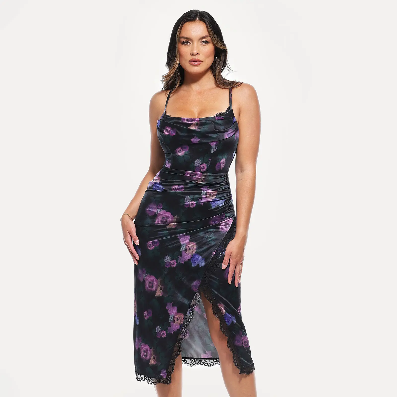 Popilush Black Midi Dress Cowl Neck Spaghetti Strap with Lace Trim Elegant Side Slit SohoChic Formal Gown for Women
