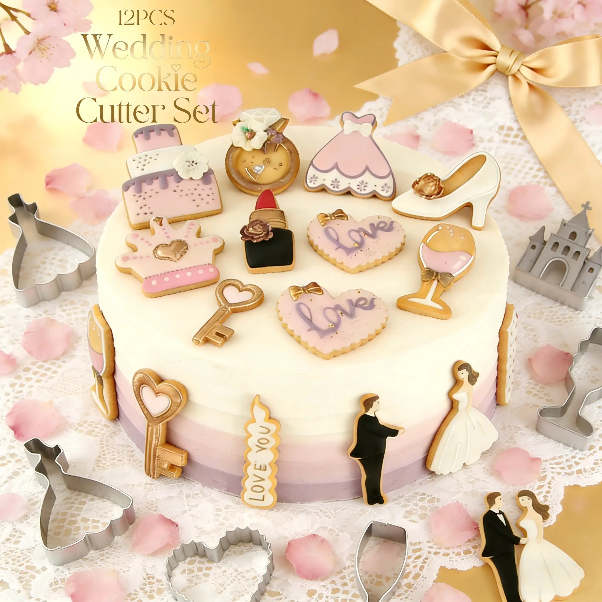 12PCS Wedding Cookie Cutter Set Stainless Steel Baking Molds with Bride, Groom, Wedding Dress, Engagement Ring & More for Wedding Cake Decorating, Party Favors, Engagement Celebrations Baking Tools, Baking Accessories