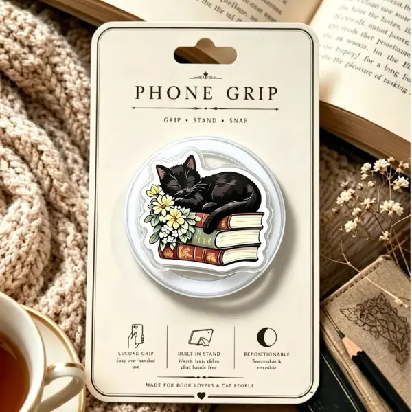 Cute Black Cat Reading MagSafe Phone Grip, Cozy Sleeping Cat on Books PopSocket, Aesthetic Cat Lover Gift, Whimsical Bookish Accessory, BookTok Reader Merch