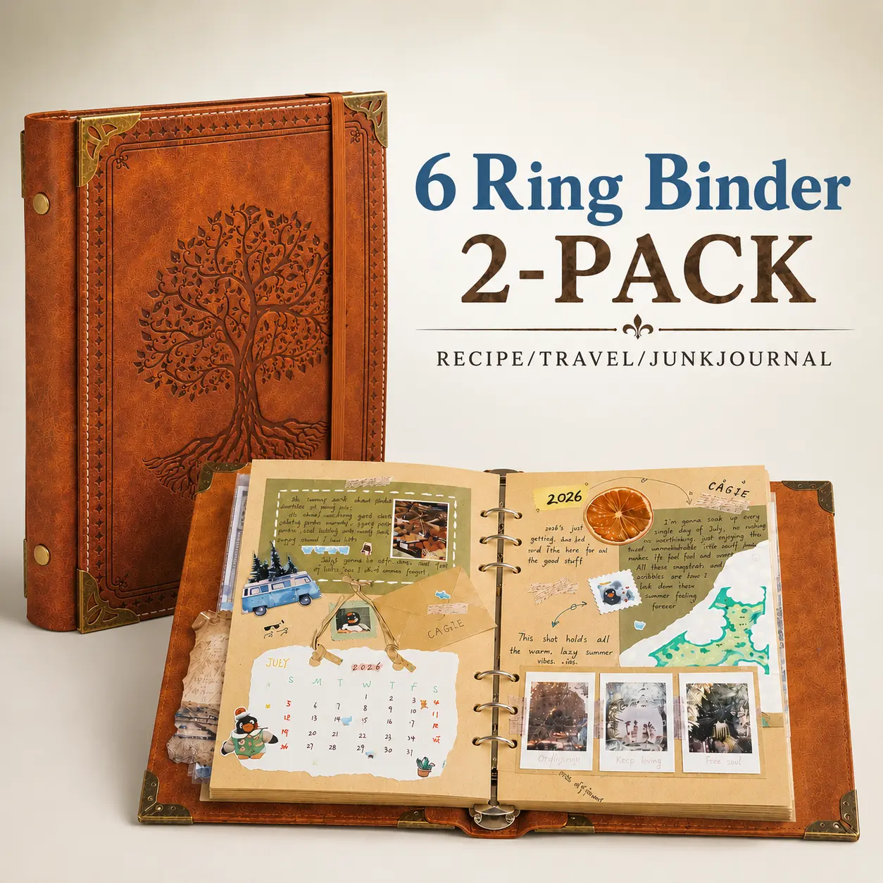 2 Pack Refillable Scrapbook Albums and Junk Journals, 6-Ring Memory Books with Photo Pockets, Removable Pages and Elastic Closure, Vintage Travel Journal and Recipe Journal for Family Photos, Wedding, Baby, Graduation, Keepsakes and Gifts