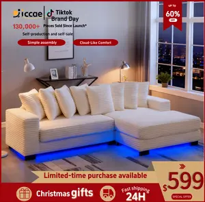 Niccae 110" LED Lighted L-Shaped Sleeper Sectional Sofa Modern Modular Design with Adjustable Footrests 8 Throw Pillows Easy Assembly Ideal for Living Room Bedroom Apartment Hotel - Foam