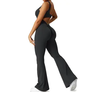 Women's 1-Piece Solid Color Sporty Jumpsuit - Sleeveless Backless T, Corset-Shape Stretchable Athleisure Style Activewear, Flared Legs Hip-Lifting Tight-Fit Fitness Sport Outfits for Yoga, Gym