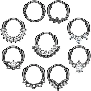 Sanfenly 9pcs Diamond Cutz Grillz Septum Rings 16g Hinged Hoop Stainless Steel CZ Piercing for Daith Cartilage Helix Tragus Jewelry Women's 316L Steel