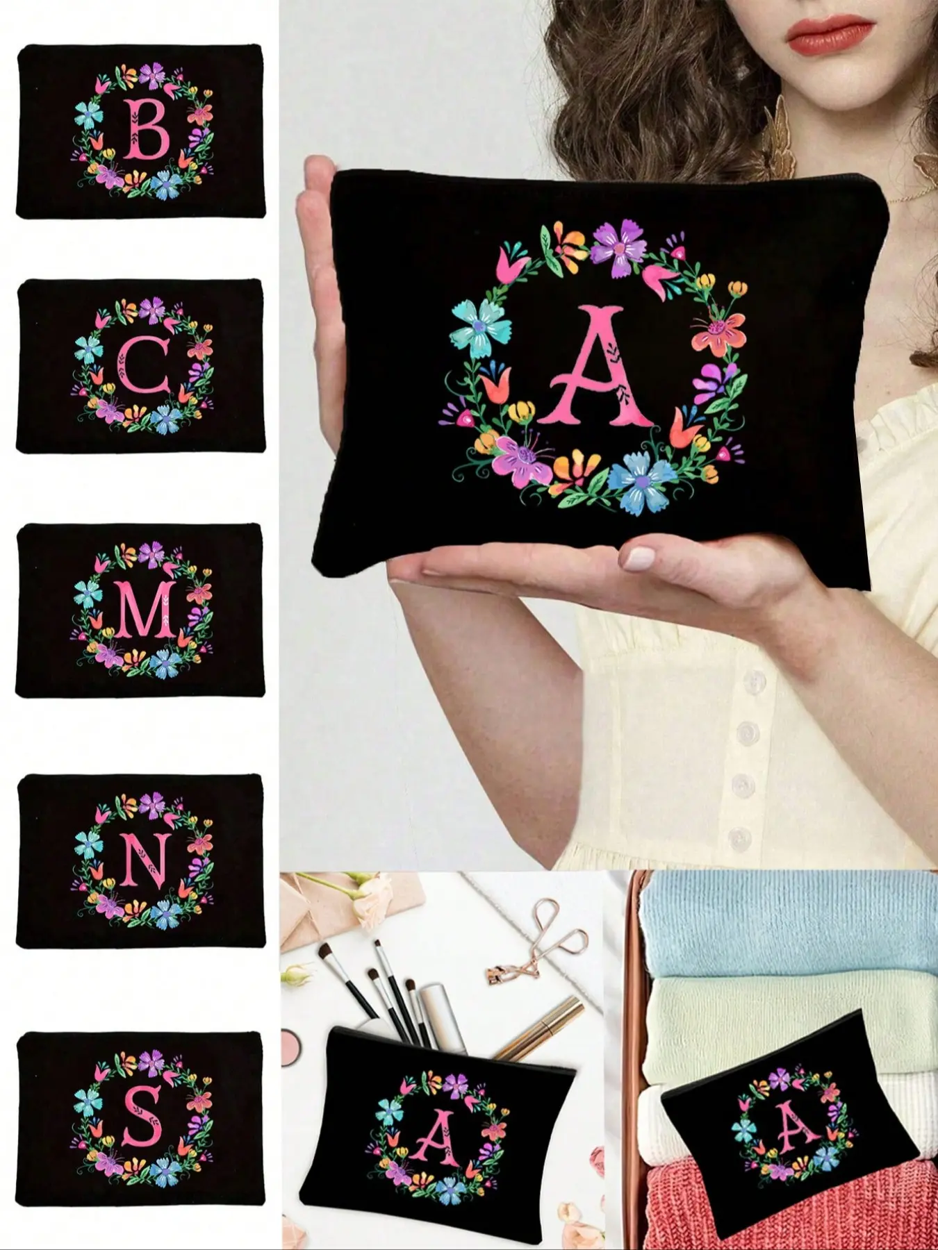 Personalized English Initials Cosmetic Bag,Chic Watercolor Floral Makeup Bag, Simple Zipper Beauty Bag, Zipper Travel Toiletry Bag,Nail Polish Storage Bag,Bag For Makeup, Coins, Keys, And Cards, Versatile Toiletry Wash Bag For Girls Women,Portable