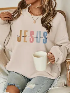 JESUS Casual Letter Pattern Crew Neck Loose Fit Sweatshirt For Women Autumn Winter Fall Grey Cotton Hoodie Breathable Eco-friendly Top Cotton Graphic Tees Funny Meme Gildan Shirt Tee Sweatshirt Hoodie