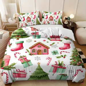 Bedding 3-piece set - 3PCS,Merry Christmas red and green Christmas tree gift design down comforter set (1 comforter cover + 2 pillowcases, filling not included). soft and comfortable, suitable for family bedrooms.