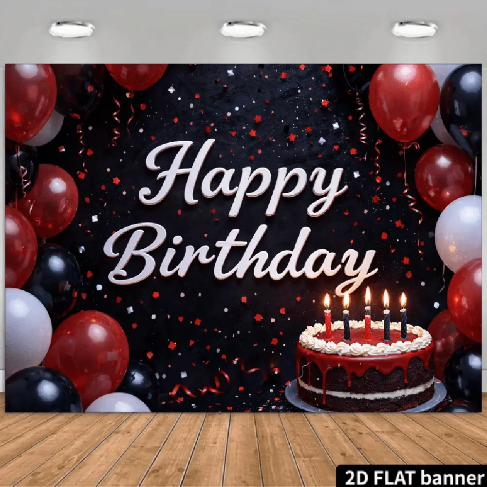 2D Polyester Backdrop Fabric - HD Digital Print Photoshoot Backdrop, Black Cloth with Red-White Balloons, Confetti, Cake, "Happy Birthday" Text for Birthday Decor & Photo Booth Use